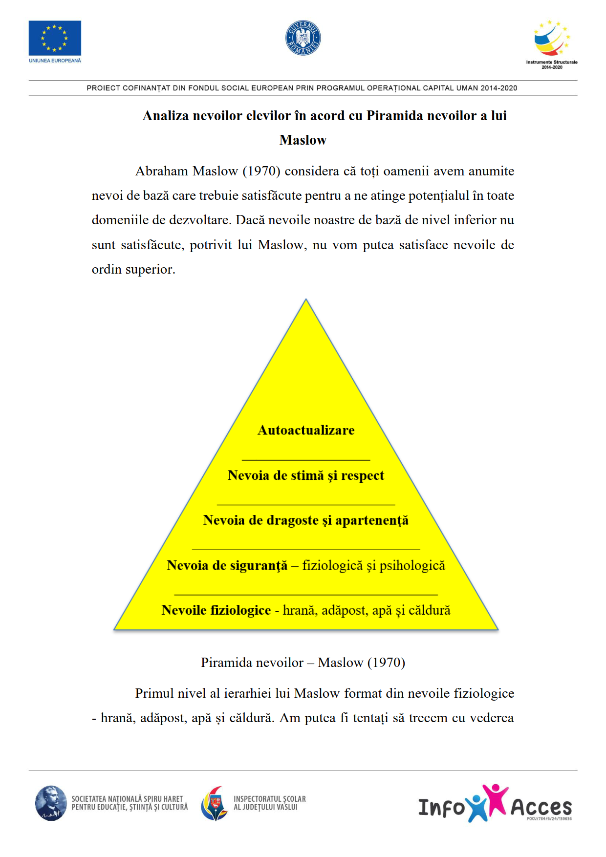 Analiza nevoilor elevilor în acord cu Piramida nevoilor a lui Maslow